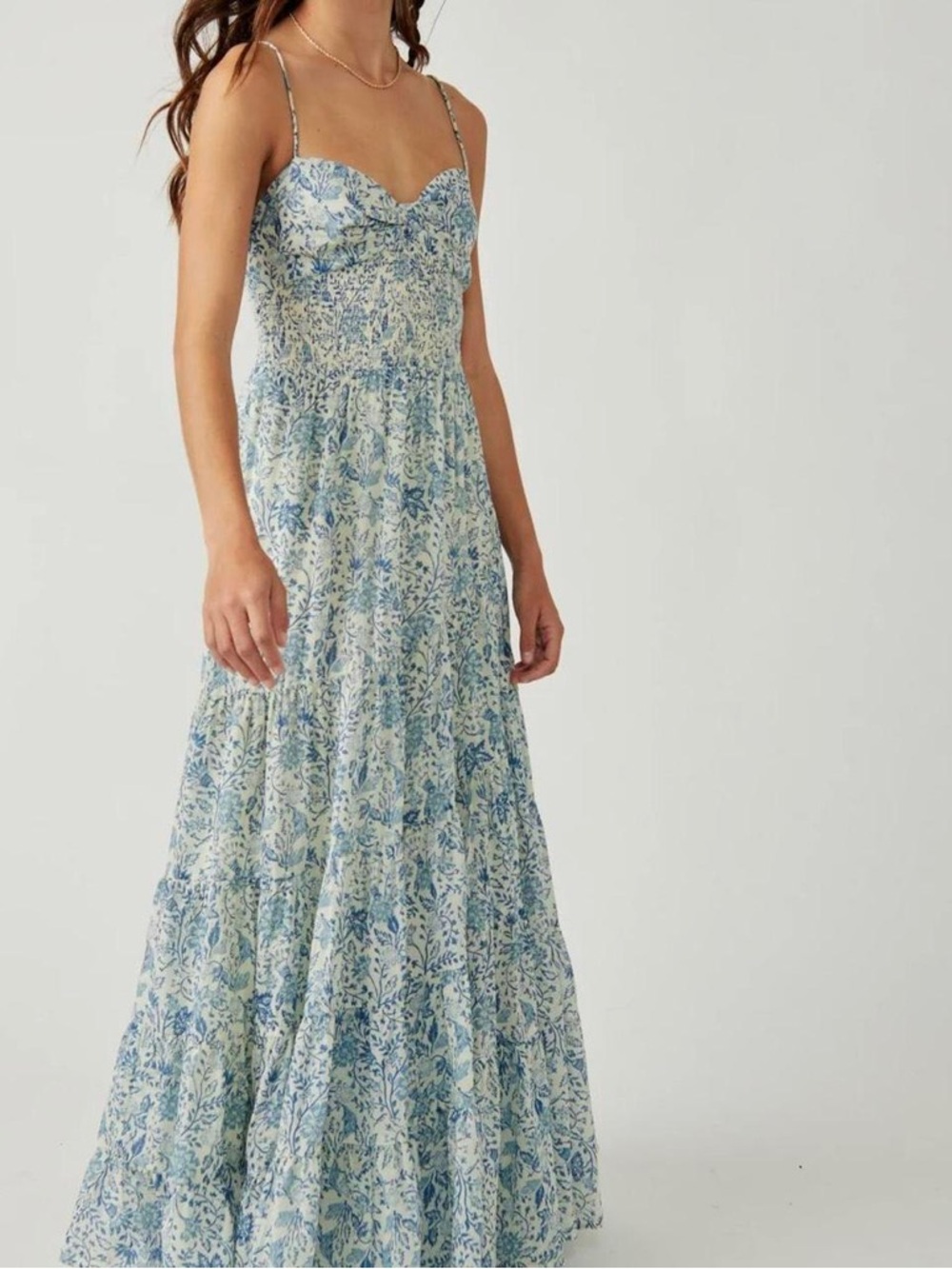 Free People Blue Floral Maxi Dress with Smocked Bodice